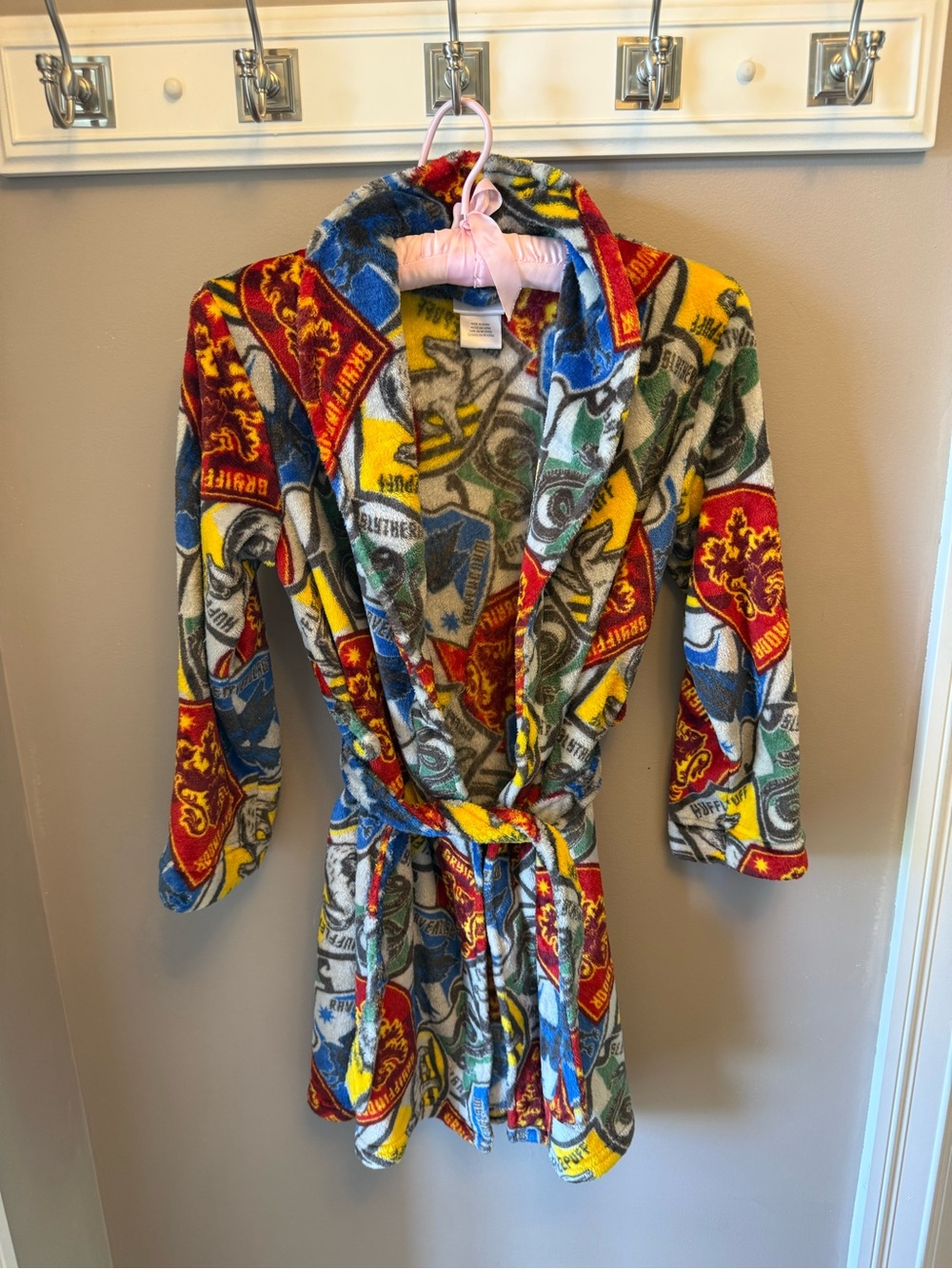 Kids Plush Hooded Robe with Multi-Color Crest Print